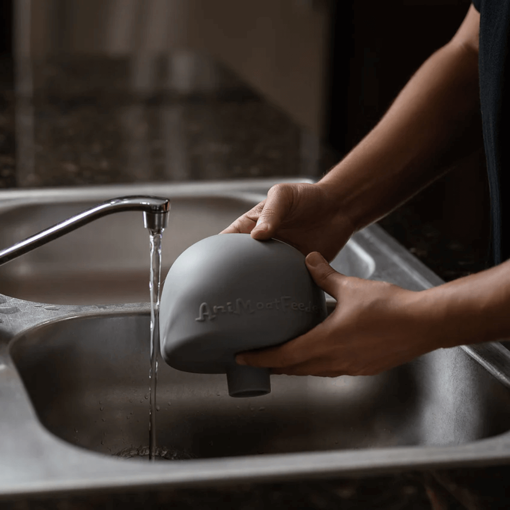 Person holding a grey animoat over a sink with water flowing over it.
