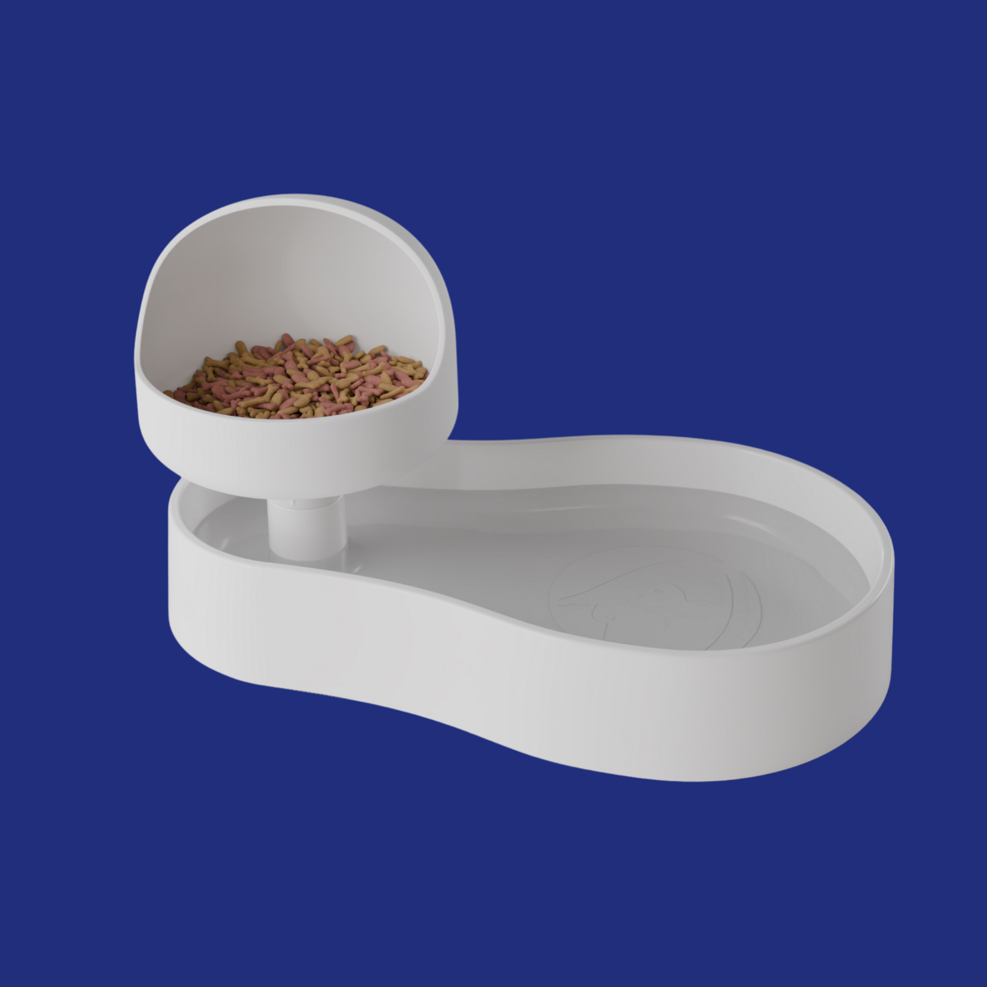 White elevated pet feeder on a blue background